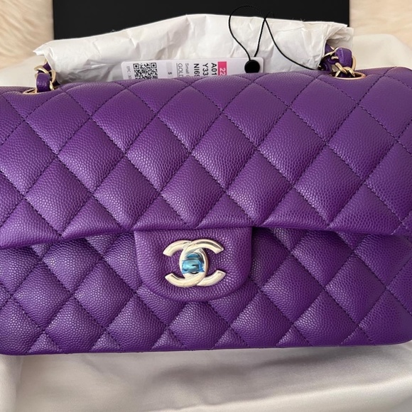 Brand NEW 22A Chanel Purple Caviar SMALL Classic Double Flap Bag Light Gold HW